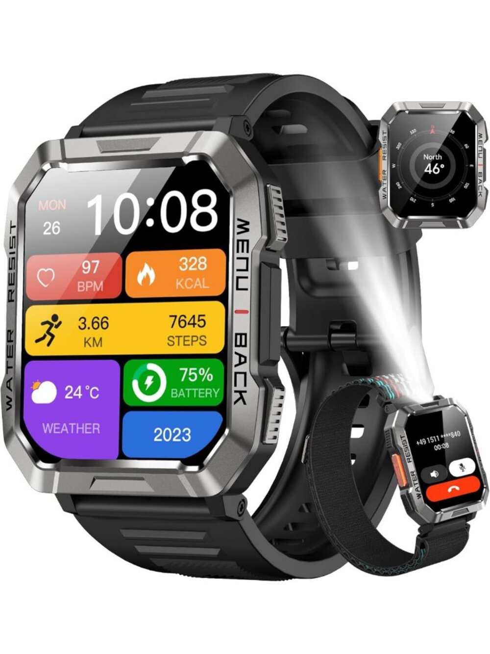 Men's Military Smartwatch - Fitness Tracker with Call Function, Flashlight